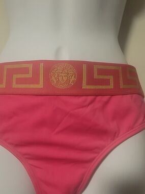 Versace Pink Bikini Bottom with Gold Greca Waistband